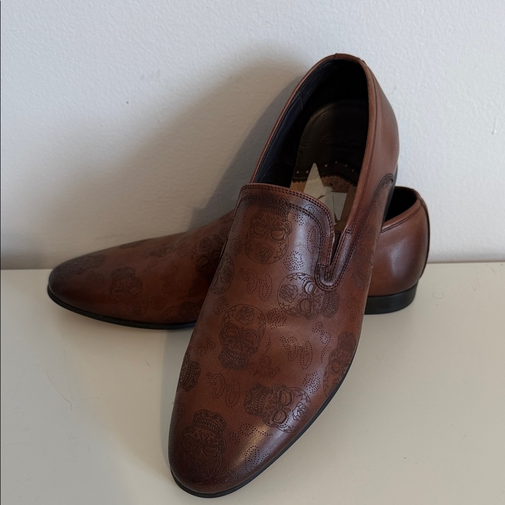 Men's ROBERT GRAHAM Jupiter Brown Leather Skull Print Slip-On Dress Shoes, SZ 11 - Picture 6 of 12